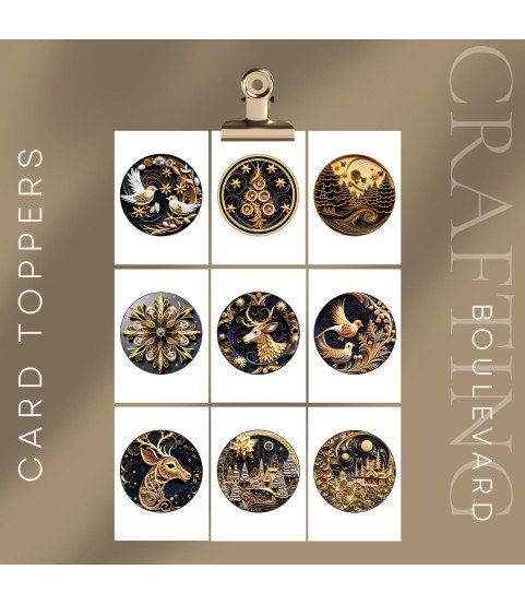 Black & Gold Paper Quilling Christmas Ornaments Stickers, Die Cut or Card Toppers