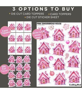 Pink Gingerbread Houses Stickers, Die Cut or Card Toppers