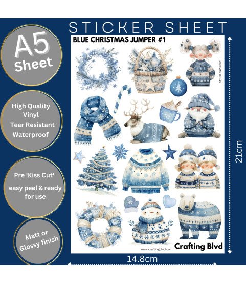 Blue Christmas Jumper #1 Stickers, Die Cut or Card Toppers