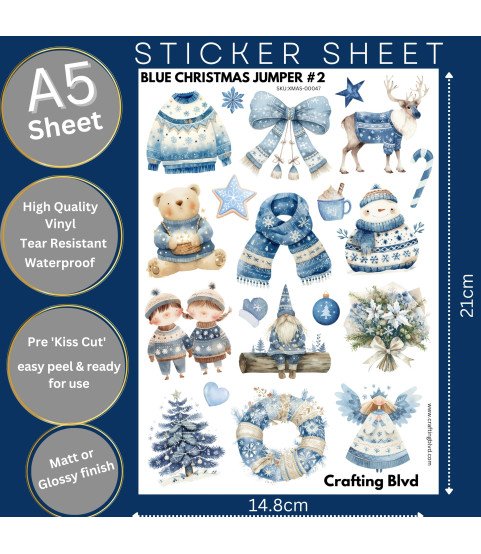 Blue Christmas Jumper #2 Stickers, Die Cut or Card Toppers