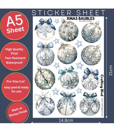 Elegant Blue Christmas Baubles Stickers, Die Cut or Card Toppers Elegant Blue Christmas Baubles Stickers, Die Cut or Card Toppers